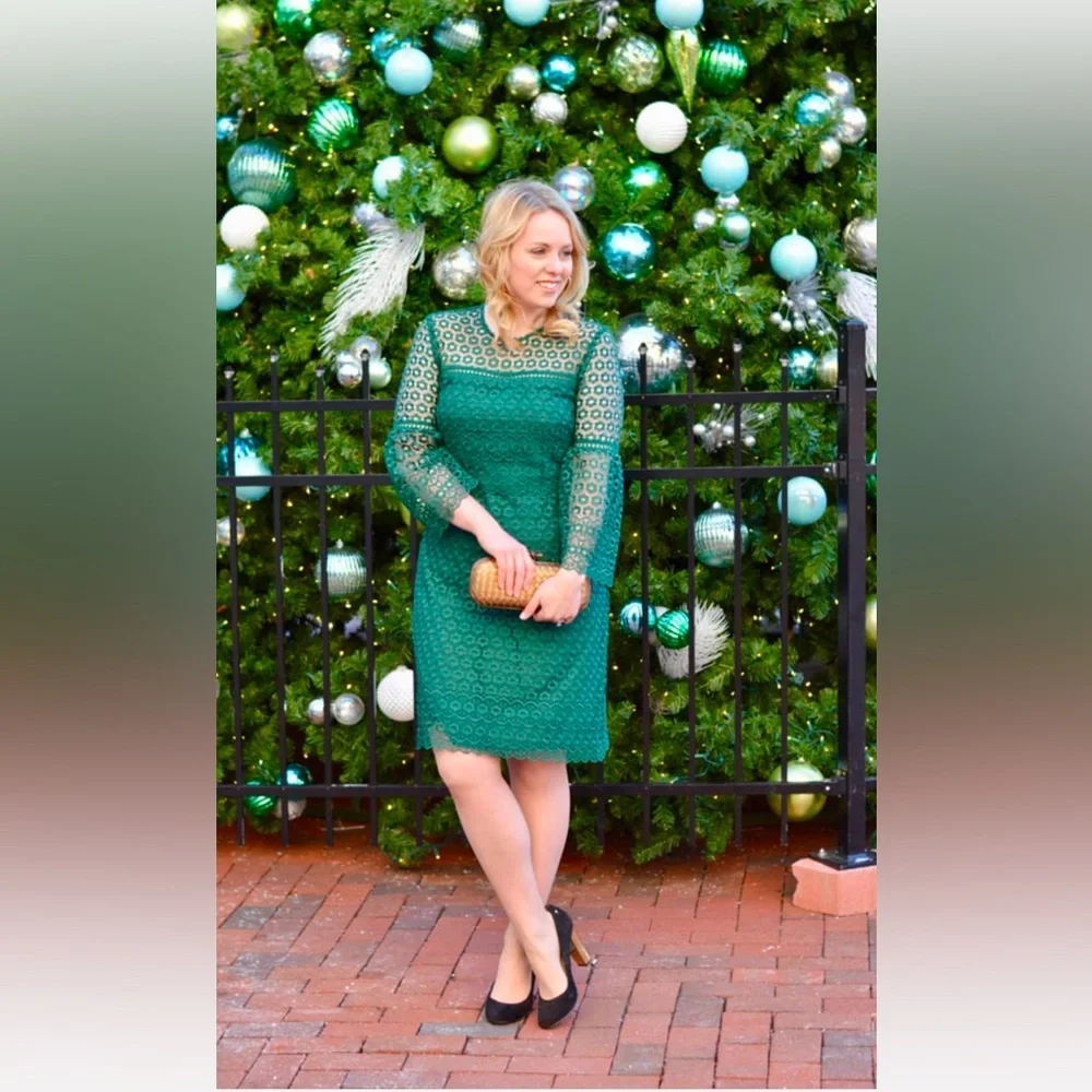 J. Crew Dress Bell Sleeve Daisy Eyelet Lace Crochet Holiday Emerald Green 12 - Picture 3 of 12